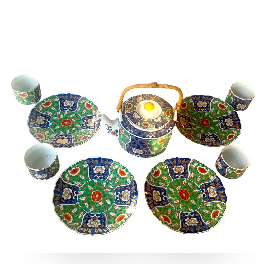 OMC Otagiri Japan Sake Teapot  Bamboo Handle w/ 6 Tea Cups & 4 Desert Plates